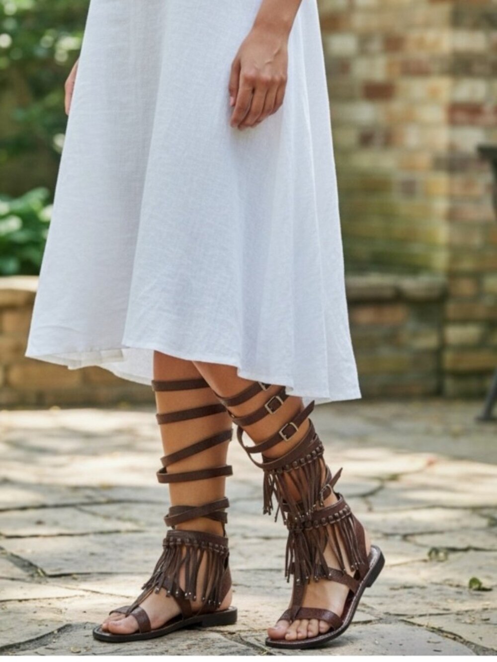 Sam Edelman Gardenia Tall Gladiator Leather Flat Fringed Sandals Brown US 6.5M
